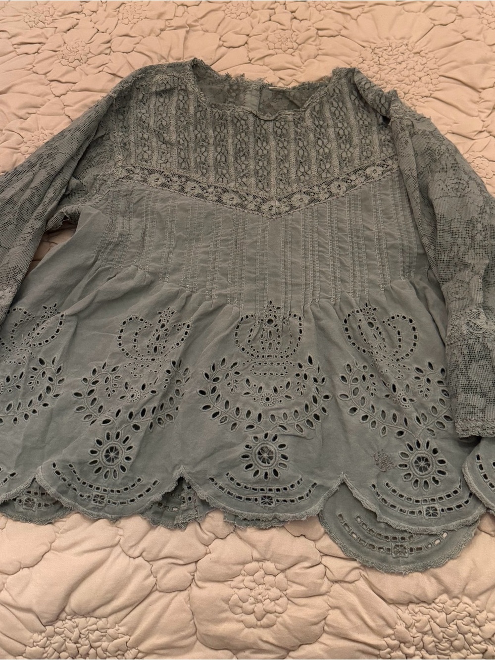 Magnolia Pearl Jodi Blouse with Lace & Eyelet in Sage - Picture 3 of 5